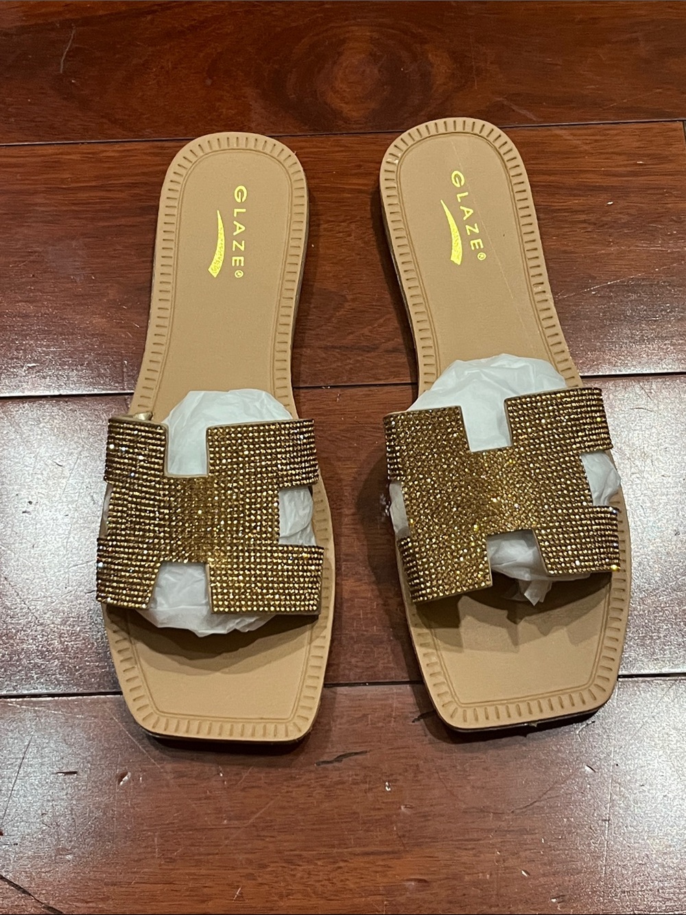 Glaze Gold Rhinestone H-Top Slide Sandals - Women size 7 new